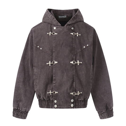 Washed Metal Buckle Hooded Denim Jacket WN23044