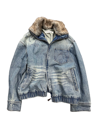 Embroidered Faux Fur Collar Wash Denim Jacket WN18926