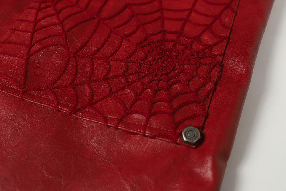 Shoulder-Pad Spider Web PU Leather Jacket Wide Leg Pants Setup WN27913