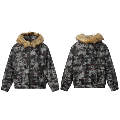 Fake Fur Collar Lamb Fleece Plaid Puffer Jacket WN21884