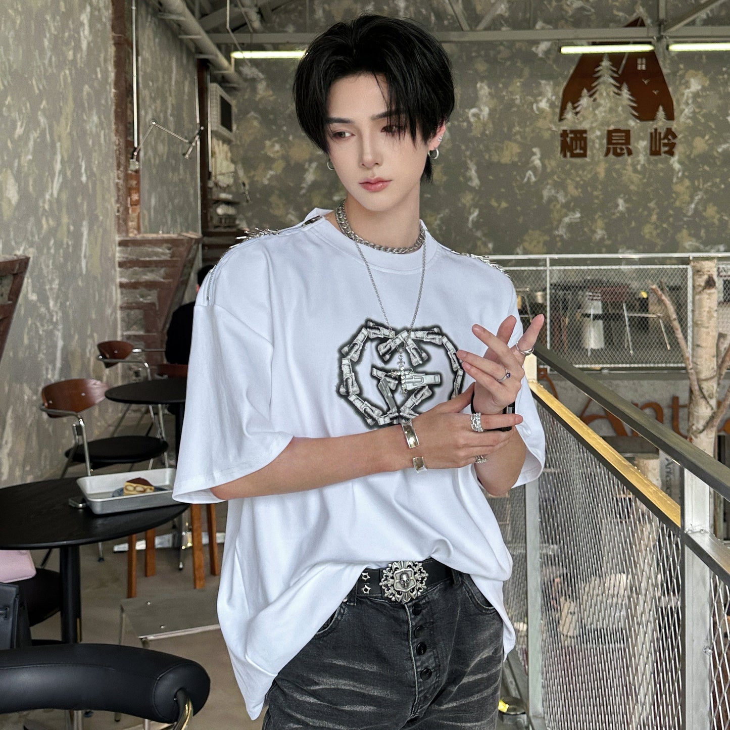 Art Print Spike Studs Short Sleeve T-Shirt WN25046