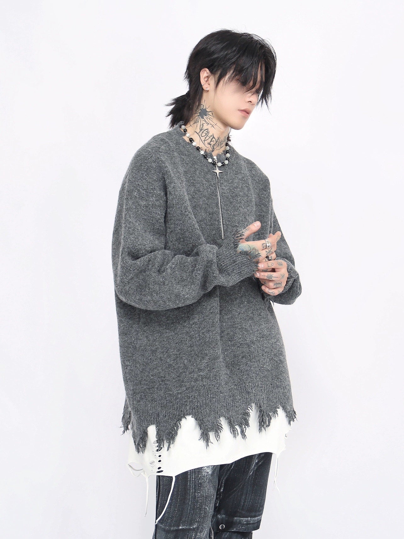 Half Zipper Oversize Damage Knit Sweater WN8718