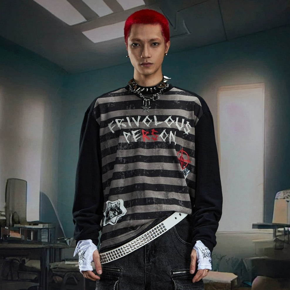 Graffiti Letter Print Stripe Long Sleeve T-Shirt WN20561