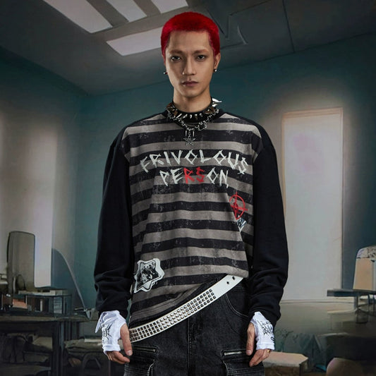 Graffiti Letter Print Stripe Long Sleeve T-Shirt WN20561