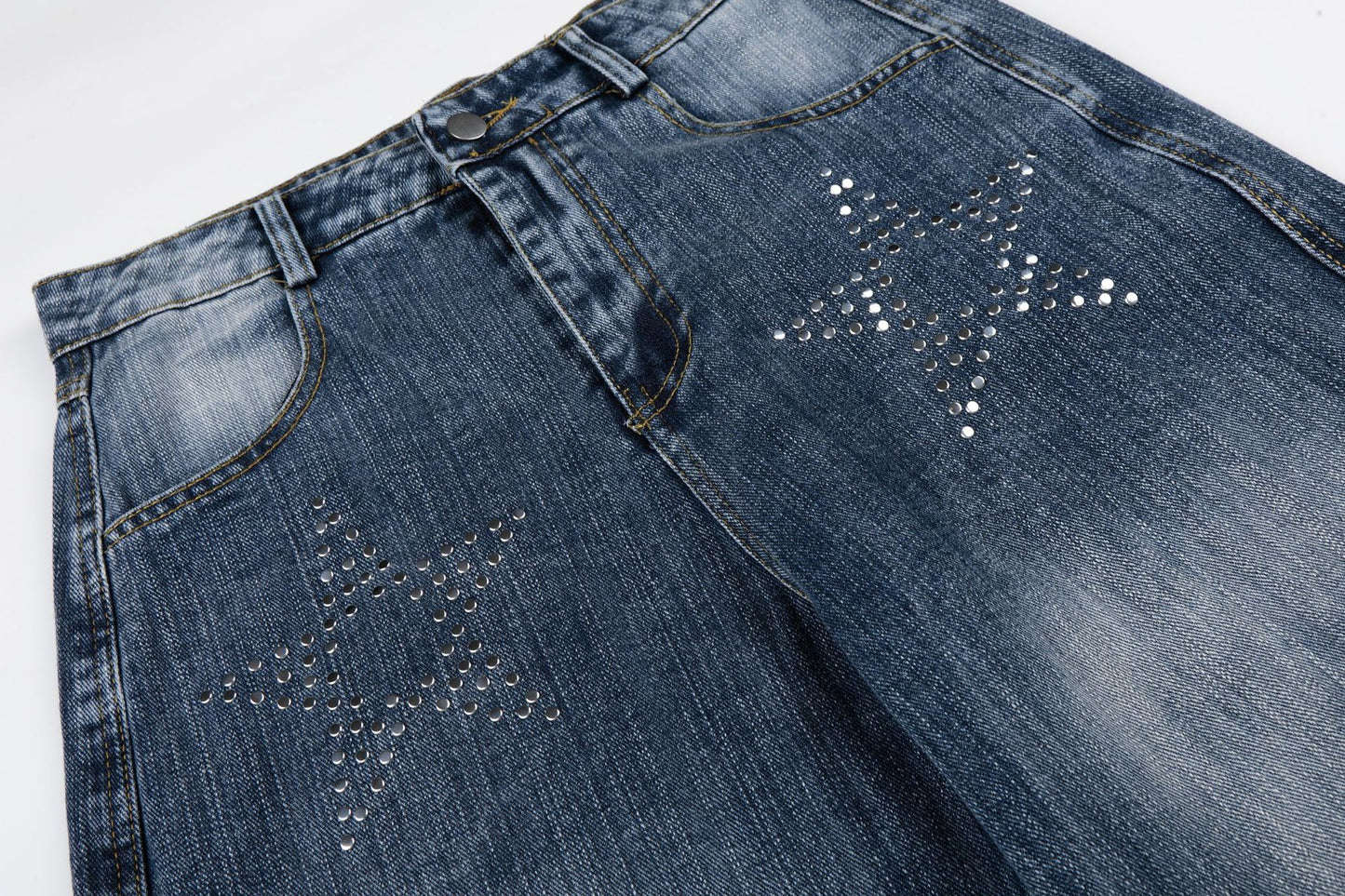 Washed Star Rhinestone Wide Leg Denim Jeans WN25458