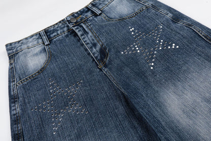 Washed Star Rhinestone Wide Leg Denim Jeans WN25458