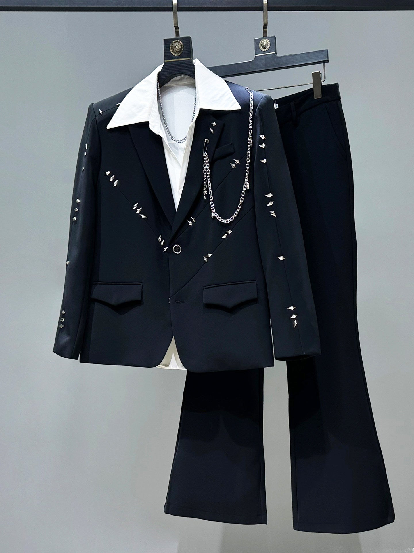 Metal Studded Chain Tailored Jacket & Wide Leg Flare Trousers Setup WN23963
