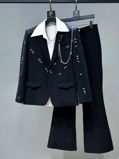 Metal Studded Chain Tailored Jacket & Wide Leg Flare Trousers Setup WN23963