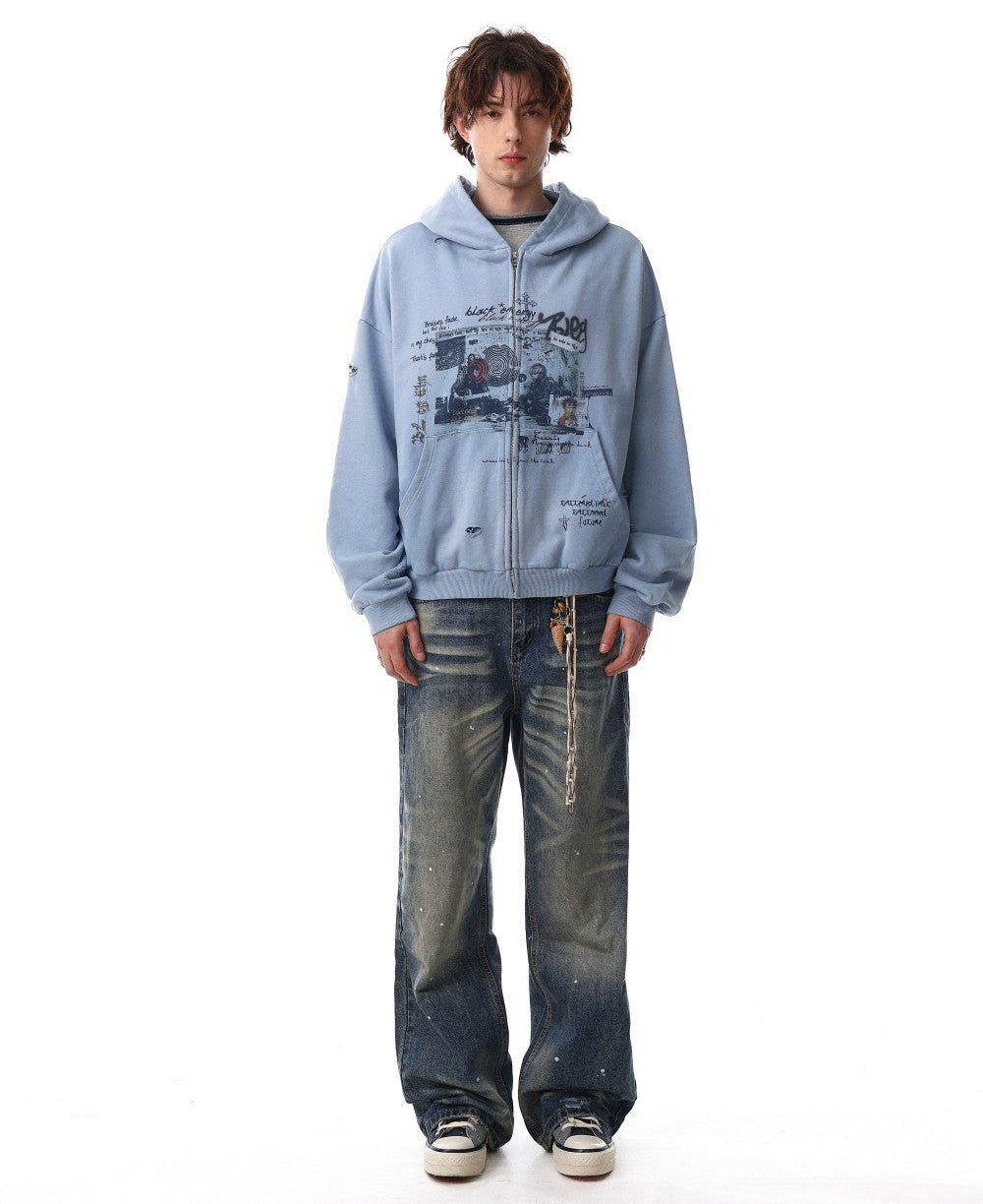 Graffiti Print Washed Damage Zipper Hoodie WN27940