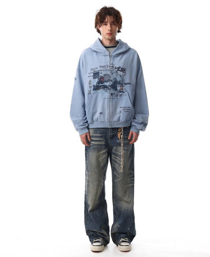 Graffiti Print Washed Damage Zipper Hoodie WN27940