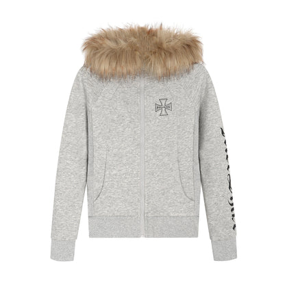Fake Fur Collar Cross Print Hoodie WN24177