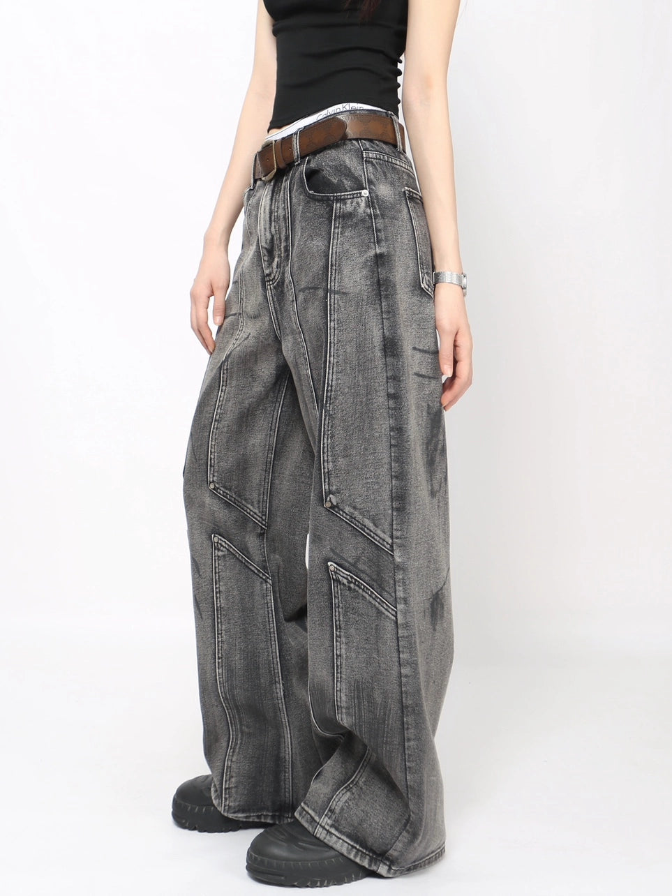 Washed Heavy Mix Design Wide Leg Denim Jeans WN21017
