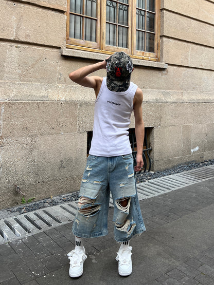 Damage Washed Wide Leg Denim Half Jeans WN24113