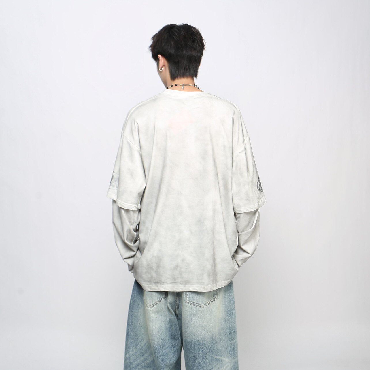 Graphic Paint Print Fake Layered Oversize Long Sleeve T-Shirt WN24420