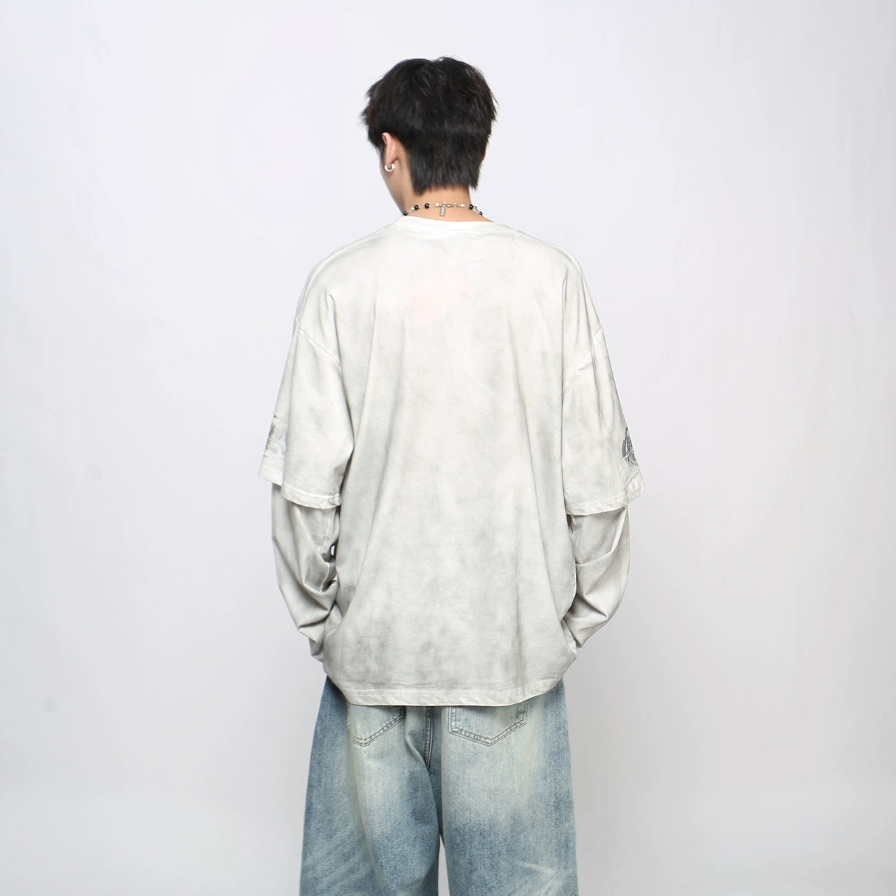 Spray Letter Print Fake Layered Long Sleeve T-Shirt WN21048