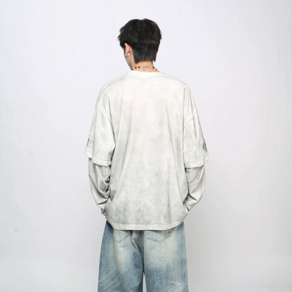 Spray Letter Print Fake Layered Long Sleeve T-Shirt WN21048