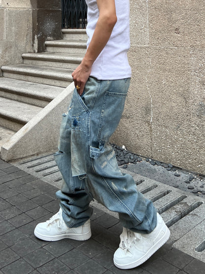 Washed Damage Patch Wide Leg Denim Jeans WN24044