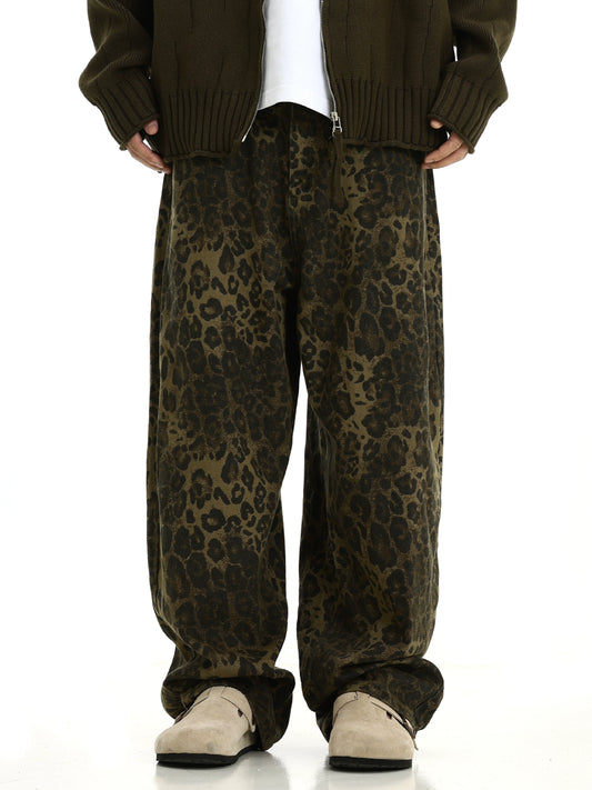 Wide-leg Leopard Print Denim Jeans WN5780