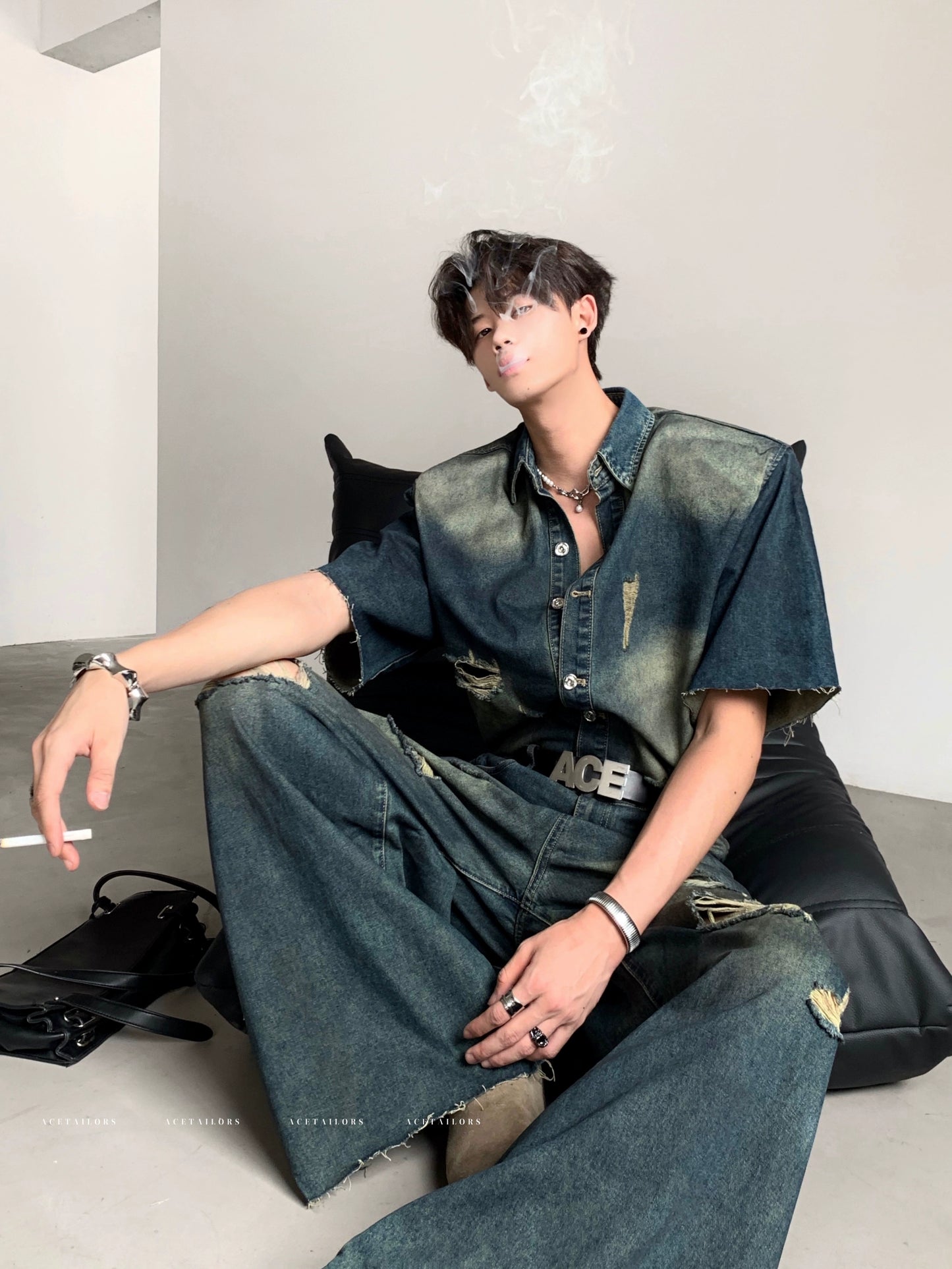 Washed Damage Wide Leg Denim Jeans & Denim Jacket Setup WN20087