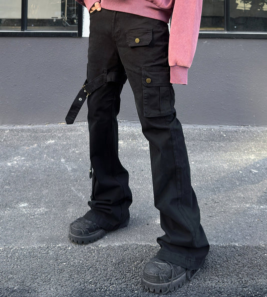 Metal Strap Pleats Multi-Pocket Slim Straight Cargo Pants WN23016