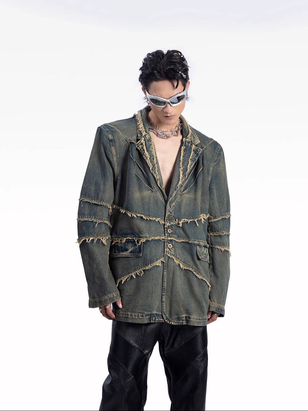 Raw Hem Shoulder-Pad Denim Tailored Jacket WN20626