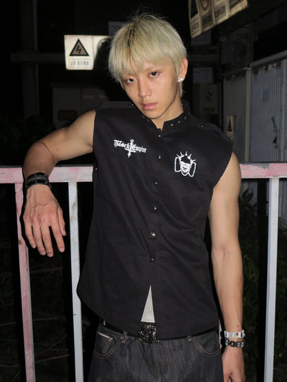 High-Neck Stud Skull Sleeveless T-Shirt WN27162