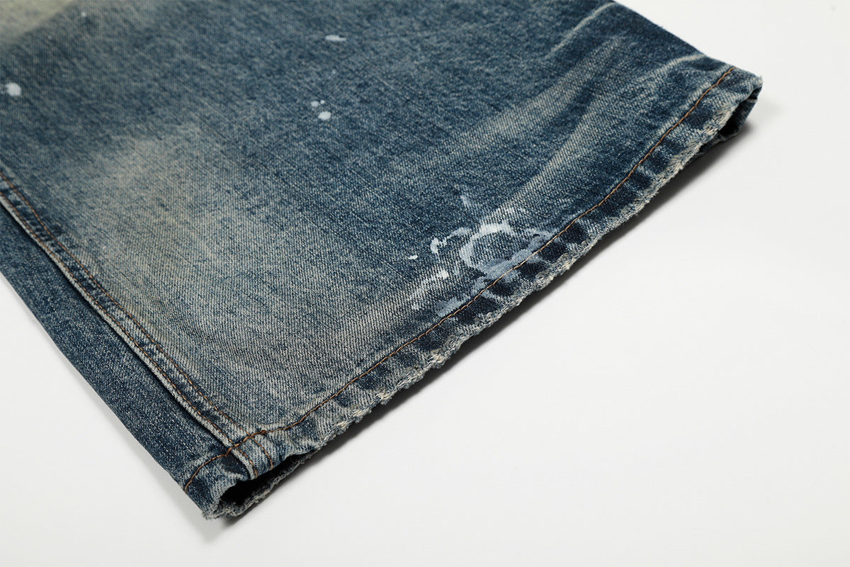 Washed Paint Splatter Curved Wide Leg Denim Jeans WN25737