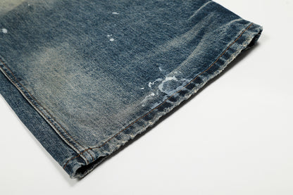 Washed Paint Splatter Curved Wide Leg Denim Jeans WN25737