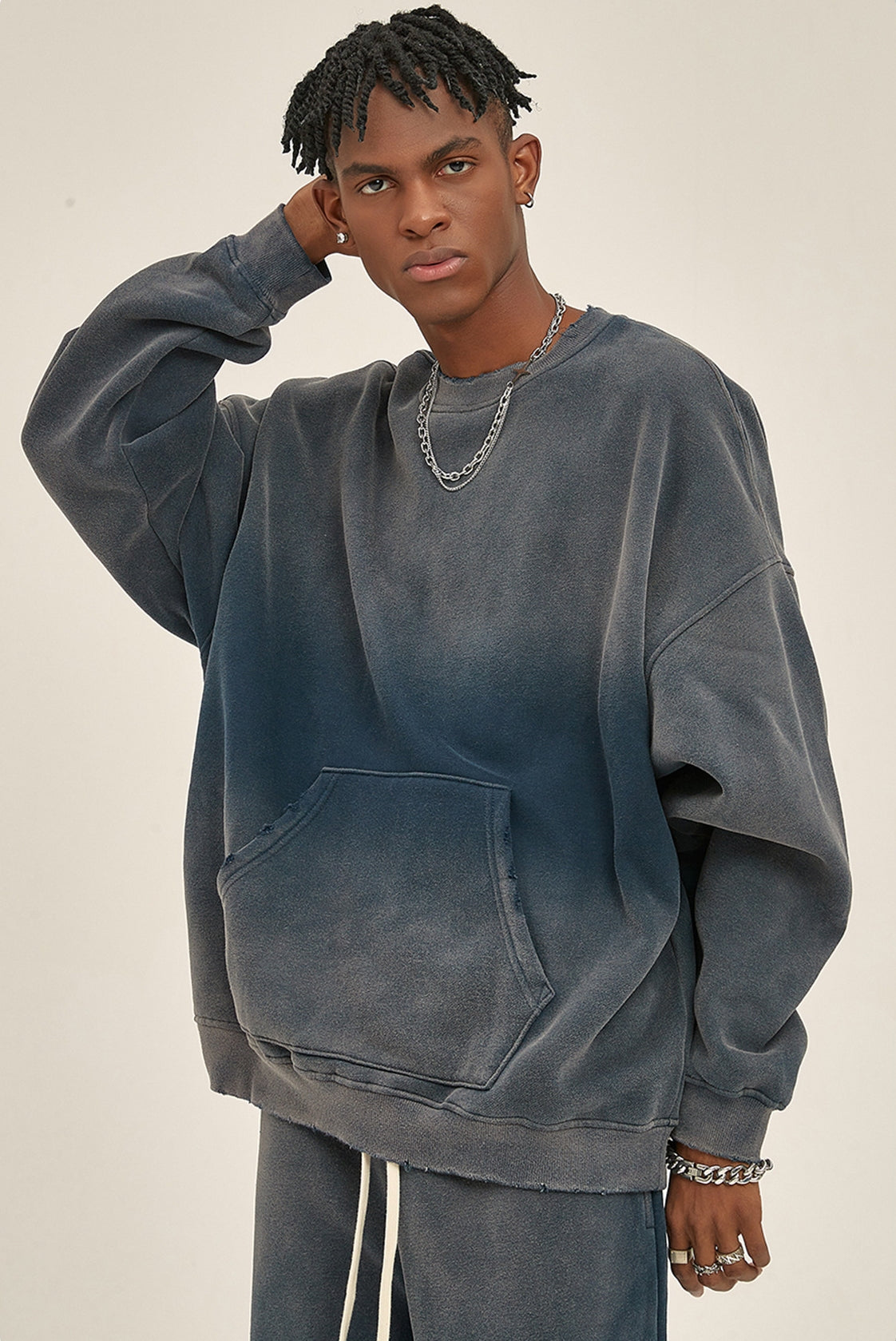 Fleece Linning Spray-dye Damage Oversize Sweatshirt WN9967