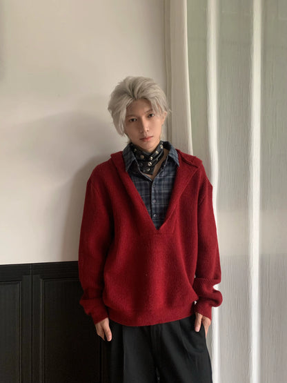 Plaid Patch Fake Layered Hooded Knit Sweater WN22228