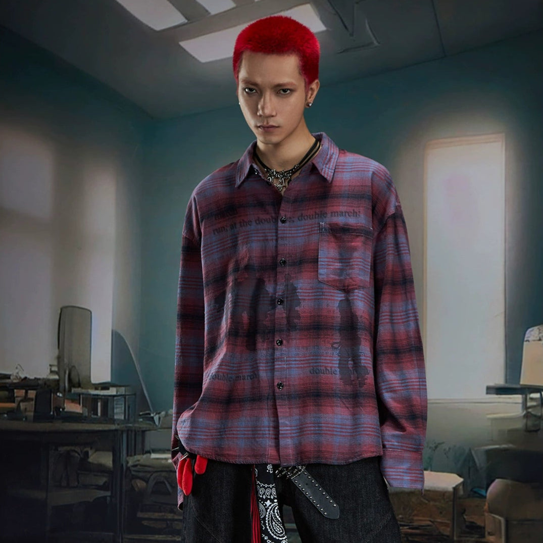 Plaid Color Block Print Oversize Long Sleeve Shirt WN20566