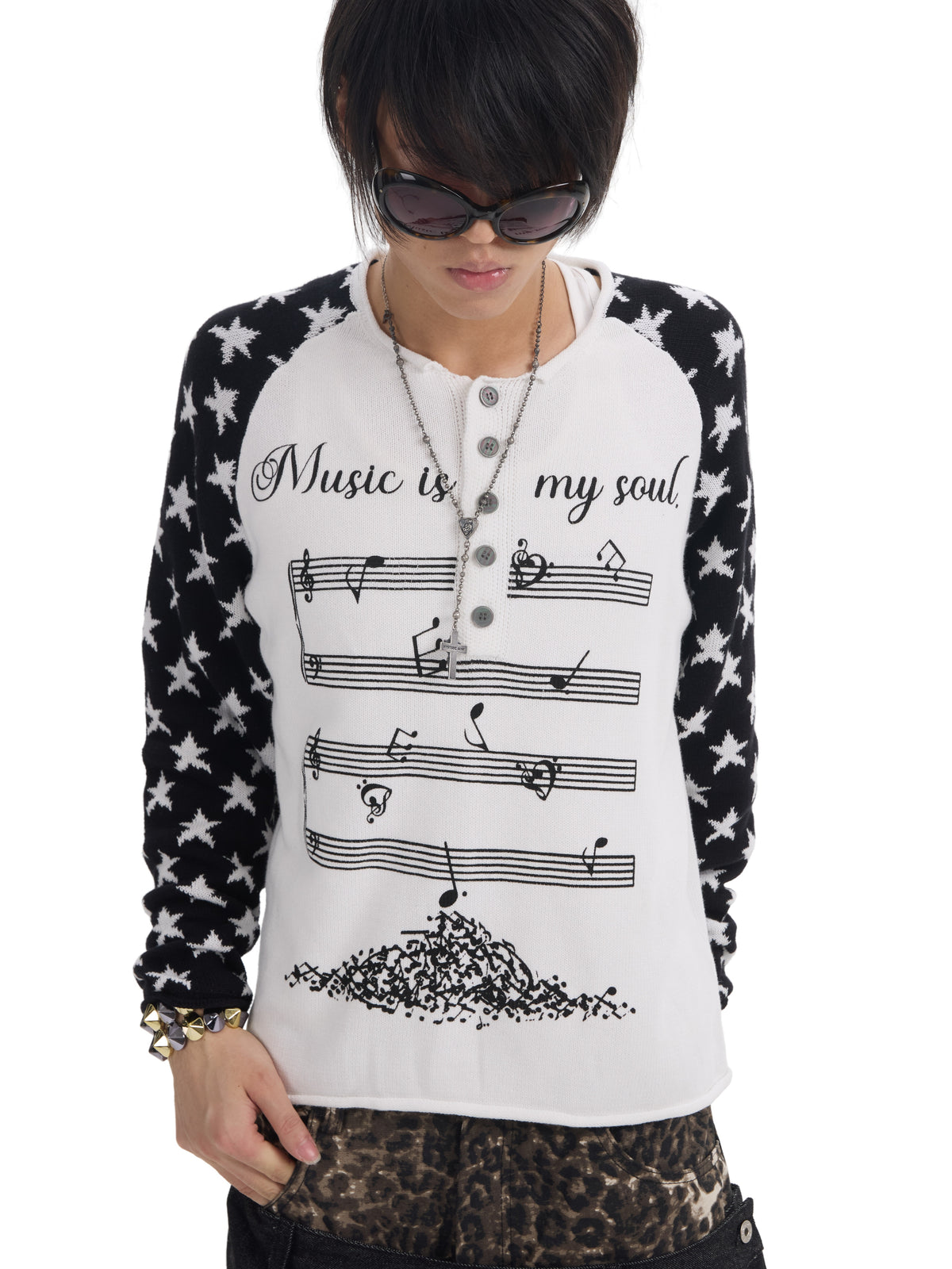 Raglan Star Music Note Print Long Sleeve T-Shirt WN27213