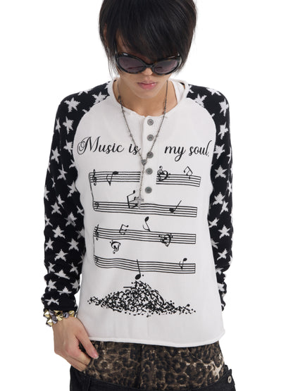 Raglan Star Music Note Print Long Sleeve T-Shirt WN27213