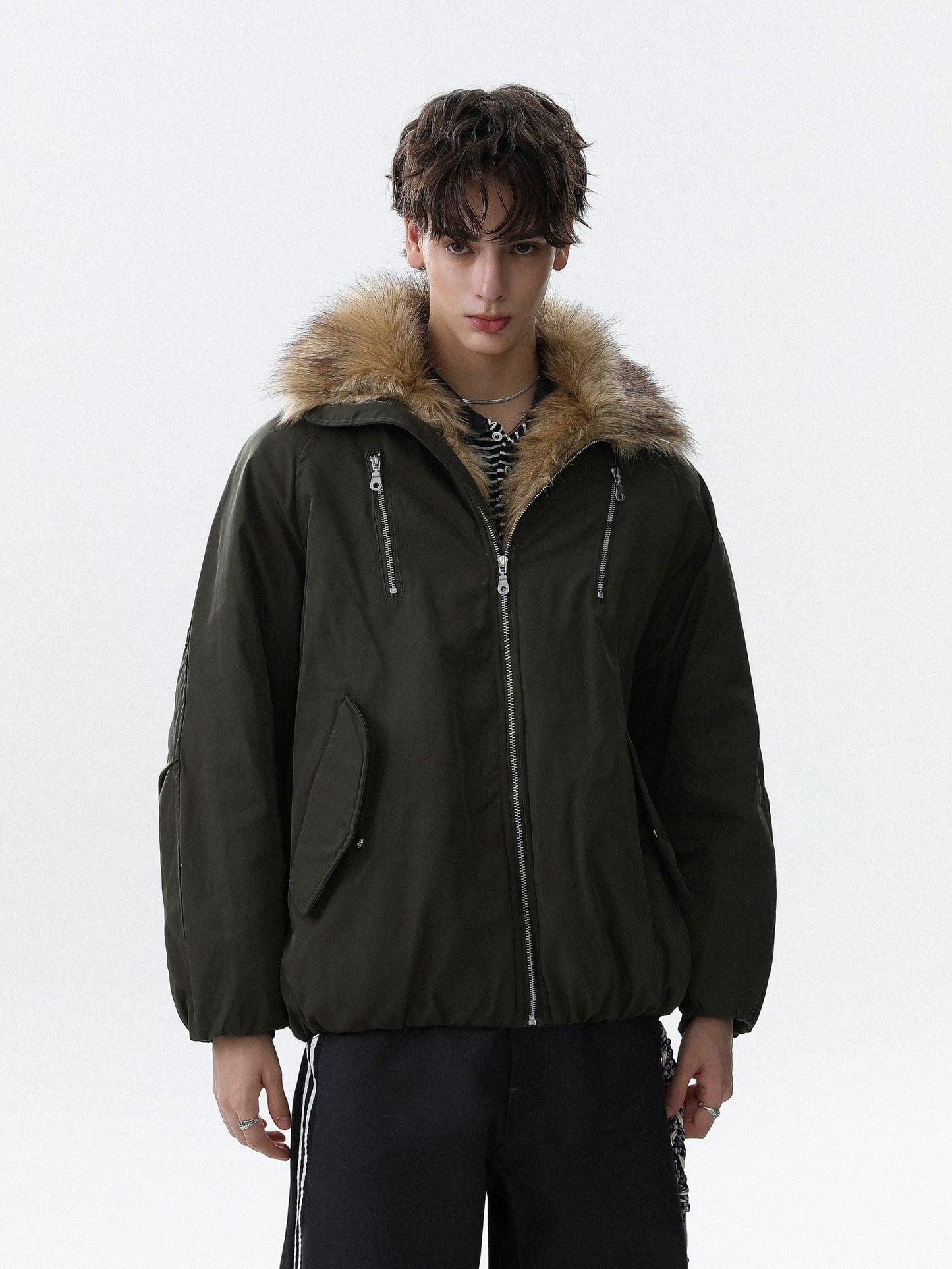 Fake Fur-Collar Pockets Design Thick Zipper Jacket WN22091