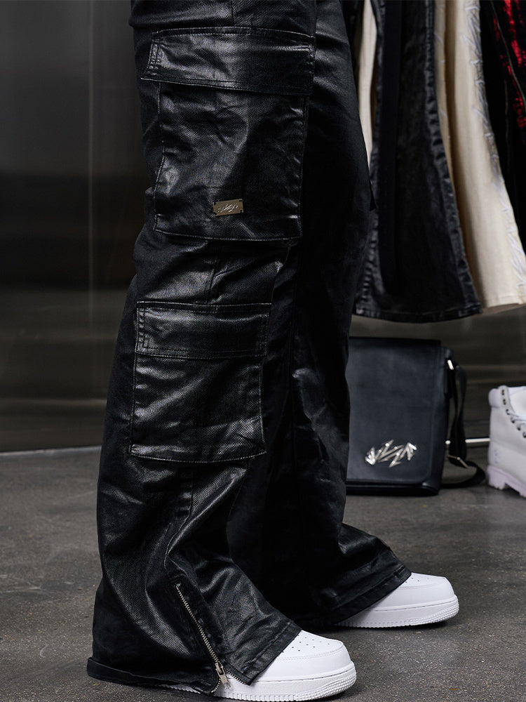 Waxed Heavy PU Leather Straight Cargo Pants WN20973