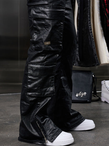Waxed Heavy PU Leather Straight Cargo Pants WN20973