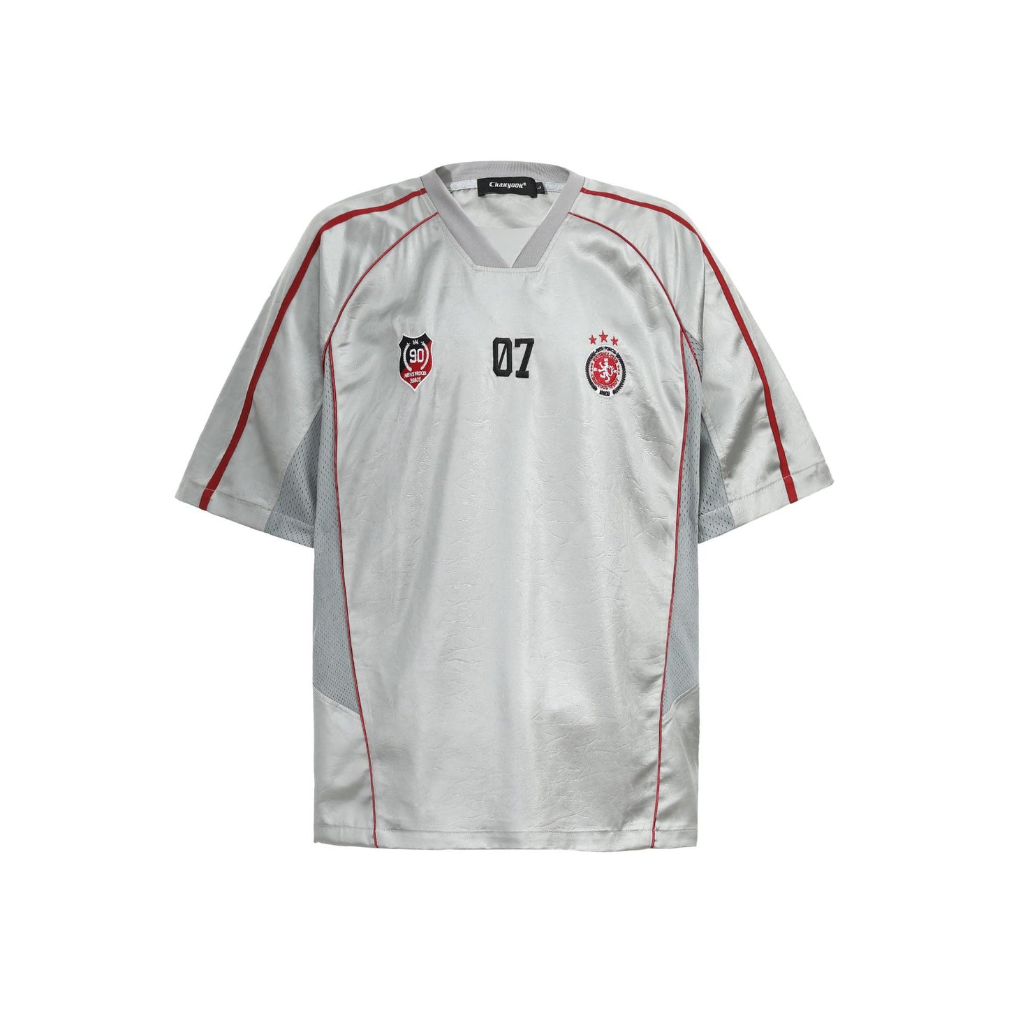 Chest Emblem PU Leather Stitching V-Neck Oversize Short Sleeve T-Shirt WN25655