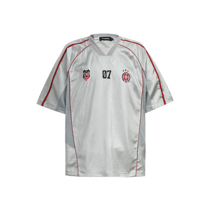 Chest Emblem PU Leather Stitching V-Neck Oversize Short Sleeve T-Shirt WN25655