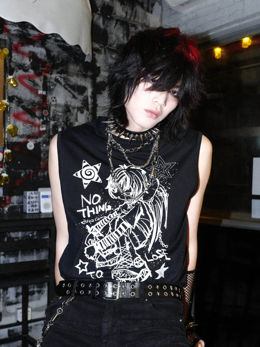 Graffiti Design Washed Sleeveless T-Shirt WN15873