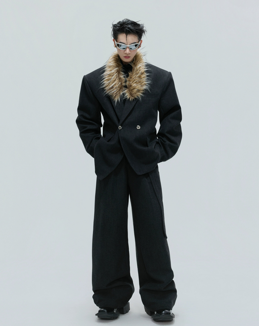 Fur Collar Waist-Fitted Wool Tailored Jacket & Trousers Setup WN21728