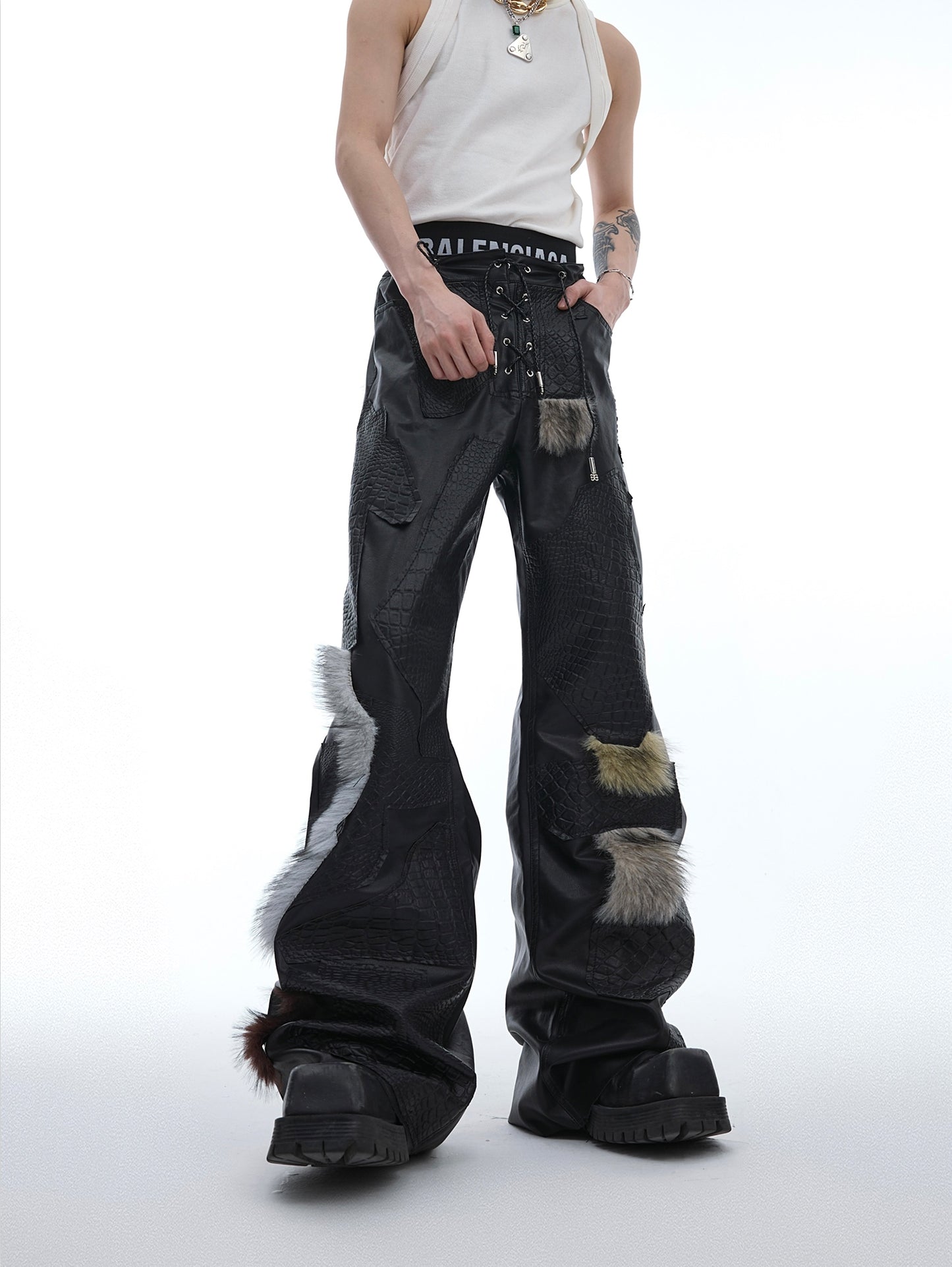 Fur Design Flare PU Leather Pants WN7493