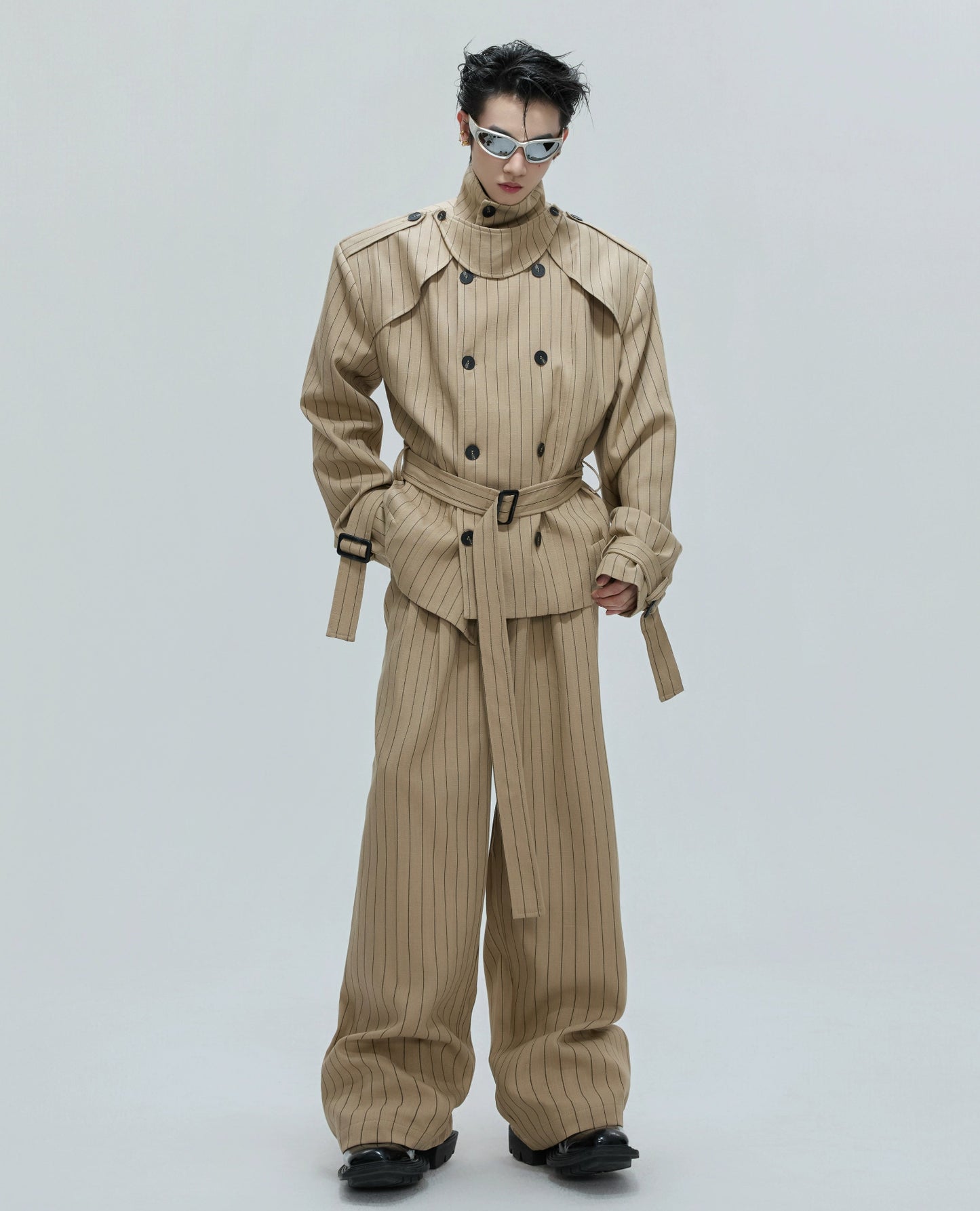 Stripe Multi-Panel Shoulder-Pad Belted Jacket & Trousers Setup WN21729