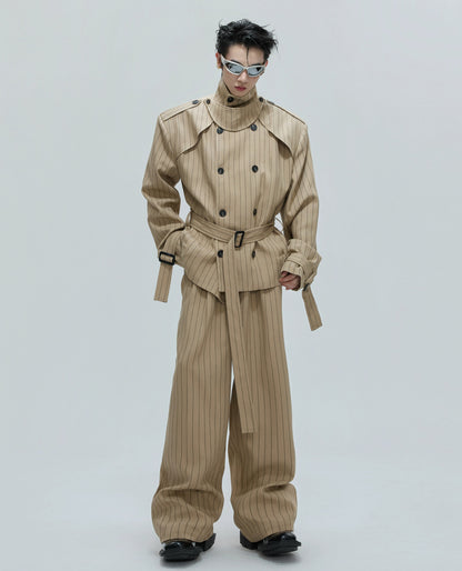 Stripe Multi-Panel Shoulder-Pad Belted Jacket & Trousers Setup WN21729