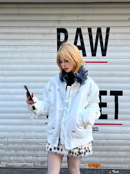 Fake Fur Collar Studs Detail Jacket WN24085