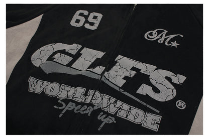 Suede Panel Letter Print Zipper Hoodie WN26524