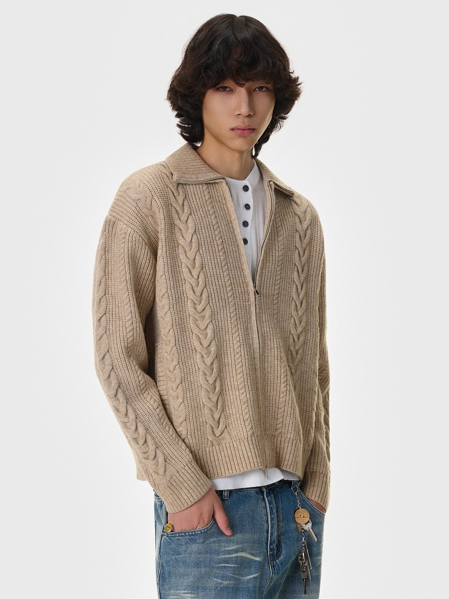 Herringbone Polo-Collar Thick Knit Cardigan WN21403