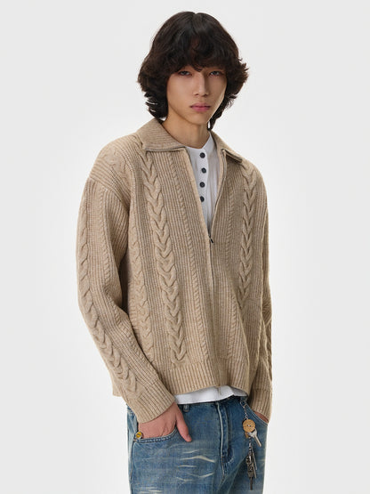 Herringbone Polo-Collar Thick Knit Cardigan WN21403