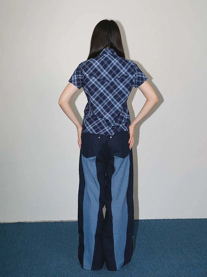 Plaid Mix Damage Wide Leg Pants WN19000