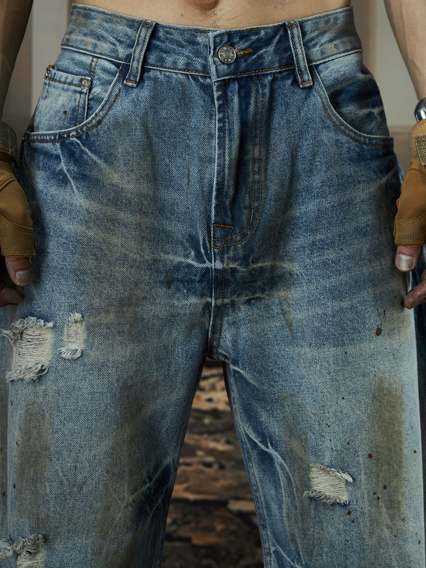 Mud-Dyed Wash Damage Design Wide Leg Denim Jeans WN18427