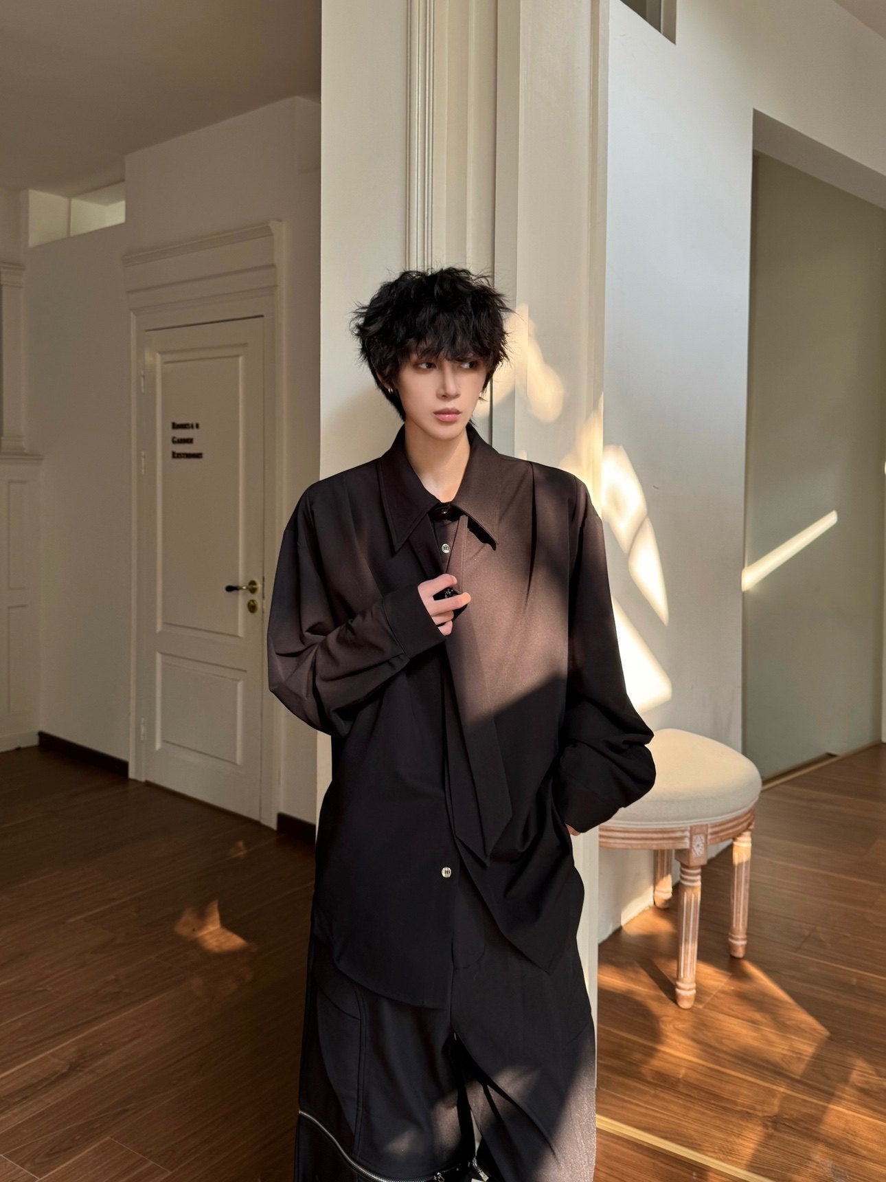 Design Cross Tie Oversize Long Sleeve Shirt WN23174